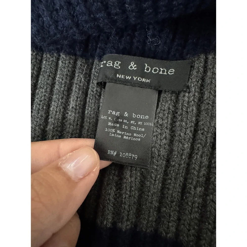 Rag & Bone Navy Blue Grey Striped 100% Merino Wool Ribbed Knit Scarf